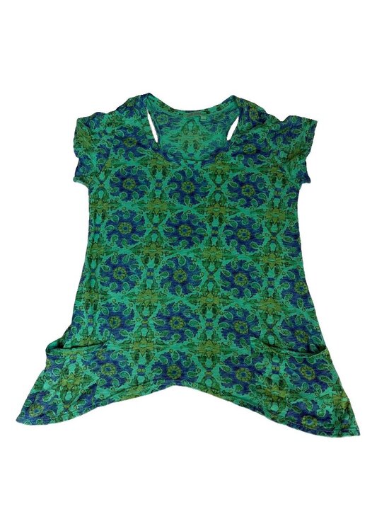 fresh produce Tops - Fresh Produce Women’s Small Green Blue Geometric Tunic Top Pockets Asym Hem